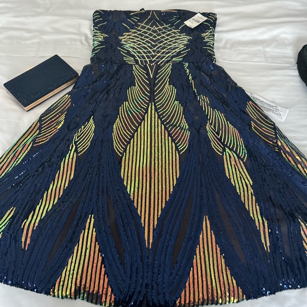 USED Designer Population Blue Sequin Embellished Social Dress